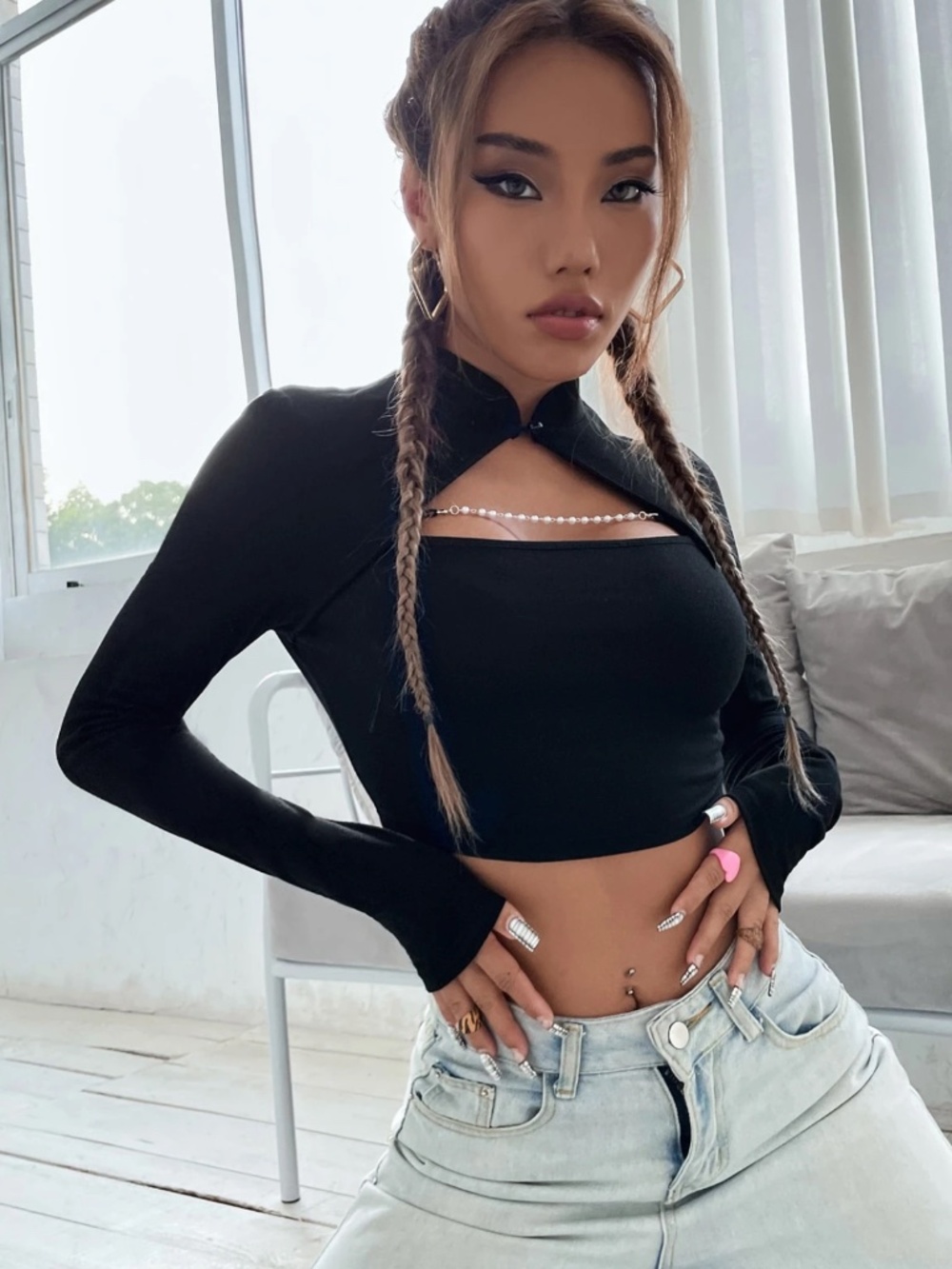 Cutout Long Sleeve Crop Top Pearl Detail | Y2K Slim Fit Going Out Top